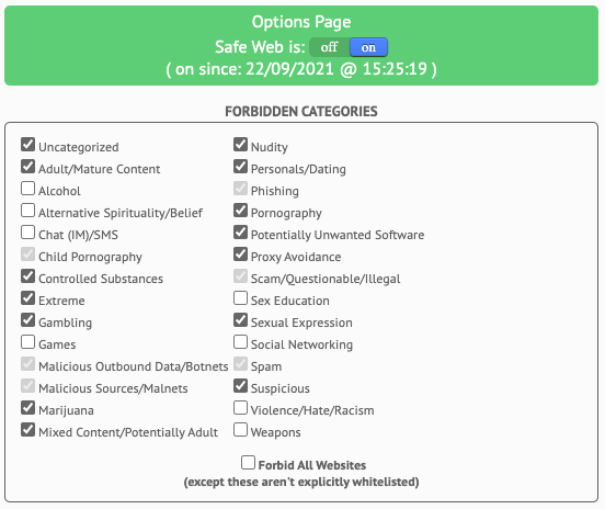 Safe Web settings